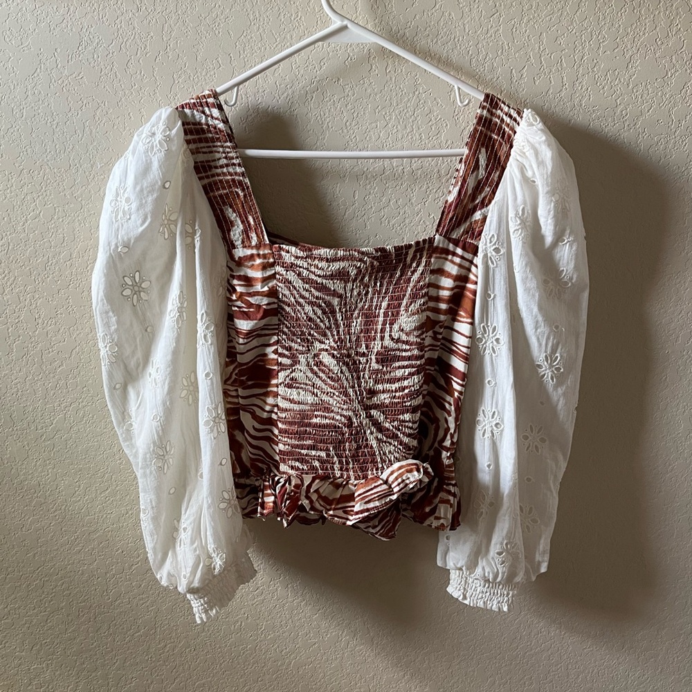 Anthropologie Love The Label Women Smocked Puff-Sleeve Blouse Size S Mixed Print - Picture 9 of 15